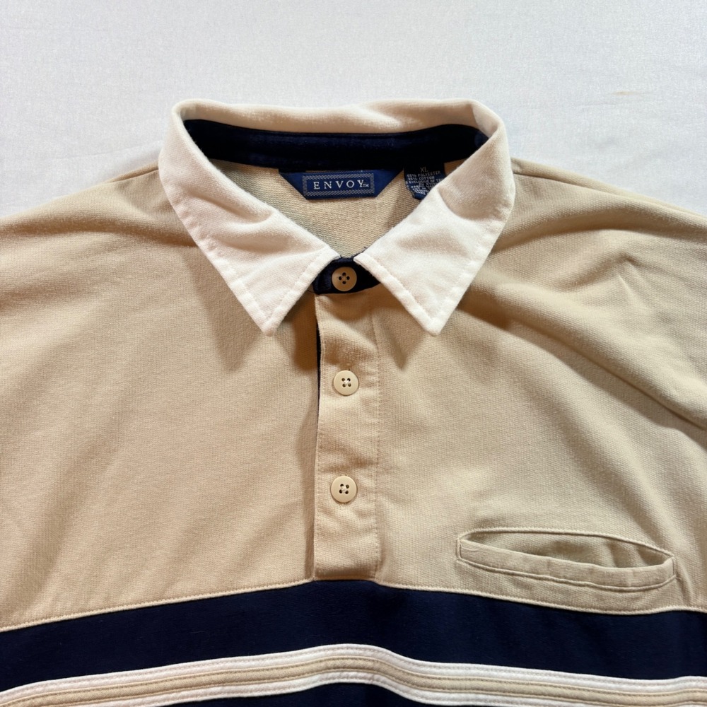 Envoy Polo Shirt‎ Mens XL Tan White Blue Striped Colorblock Short Sleeve Vintage